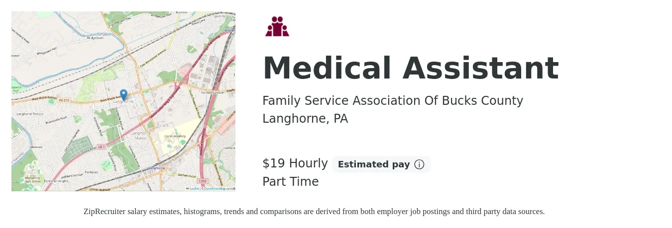 Family Service Association Of Bucks County job posting for a Medical Assistant in Langhorne, PA with a salary of $20 Hourly with a map of Langhorne location.