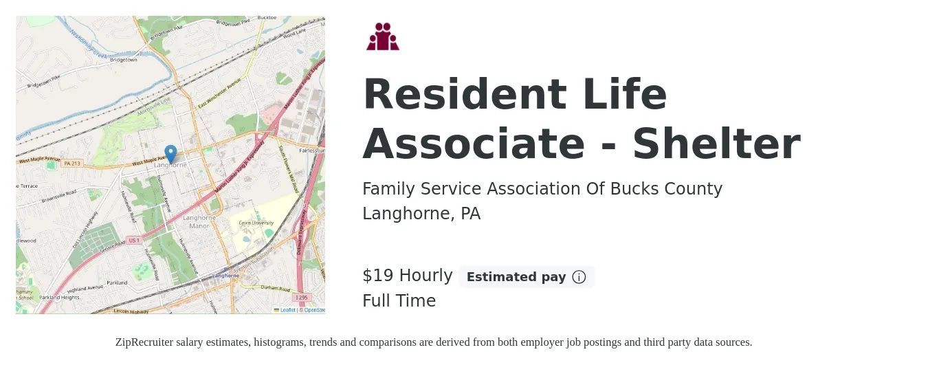 Family Service Association Of Bucks County job posting for a Resident Life Associate - Shelter in Langhorne, PA with a salary of $20 Hourly with a map of Langhorne location.