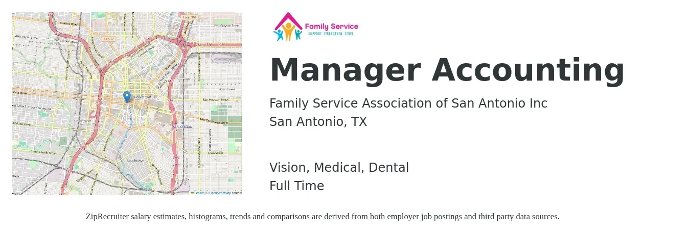 Family Service Association of San Antonio Inc job posting for a Manager Accounting in San Antonio, TX with a salary of $70,400 to $101,000 Yearly and benefits including medical, retirement, vision, dental, and life_insurance with a map of San Antonio location.