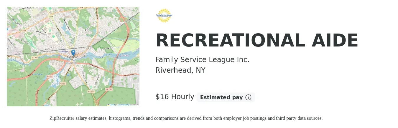 Family Service League Inc. job posting for a RECREATIONAL AIDE in Riverhead, NY with a salary of $17 to $18 Hourly with a map of Riverhead location.