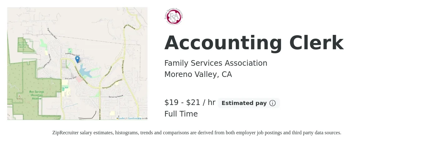 Family Services Association job posting for a Accounting Clerk in Moreno Valley, CA with a salary of $20 to $22 Hourly with a map of Moreno Valley location.