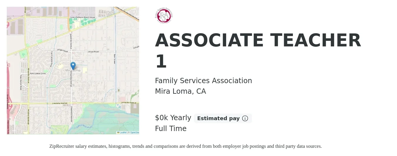 Family Services Association job posting for a ASSOCIATE TEACHER 1 in Mira Loma, CA with a salary of $19 to $21 Yearly with a map of Mira Loma location.