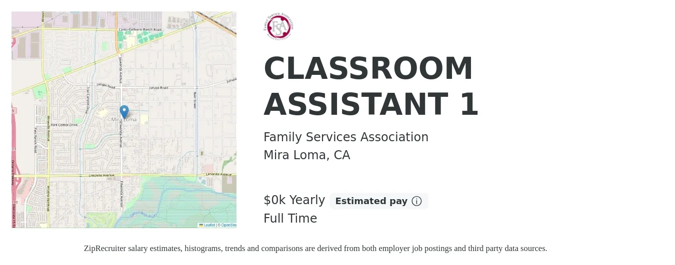 Family Services Association job posting for a CLASSROOM ASSISTANT 1 in Mira Loma, CA with a salary of $17 to $20 Yearly with a map of Mira Loma location.