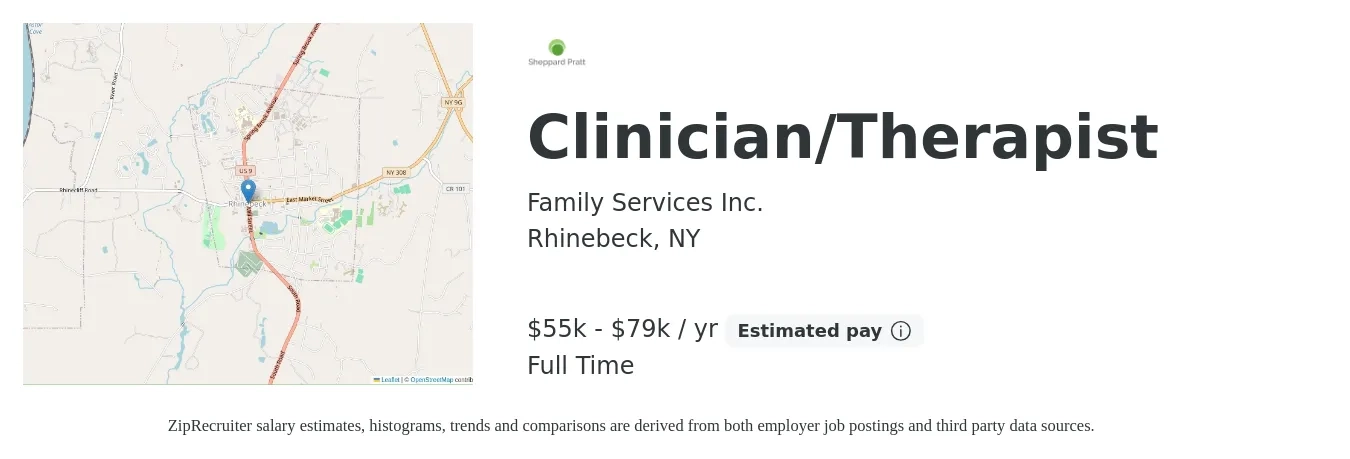 Family Services Inc. job posting for a Clinician/Therapist in Rhinebeck, NY with a salary of $55,341 to $79,000 Yearly with a map of Rhinebeck location.