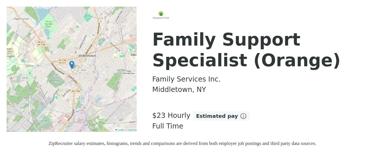 Family Services Inc. job posting for a Family Support Specialist (Orange) in Middletown, NY with a salary of $21 Hourly with a map of Middletown location.