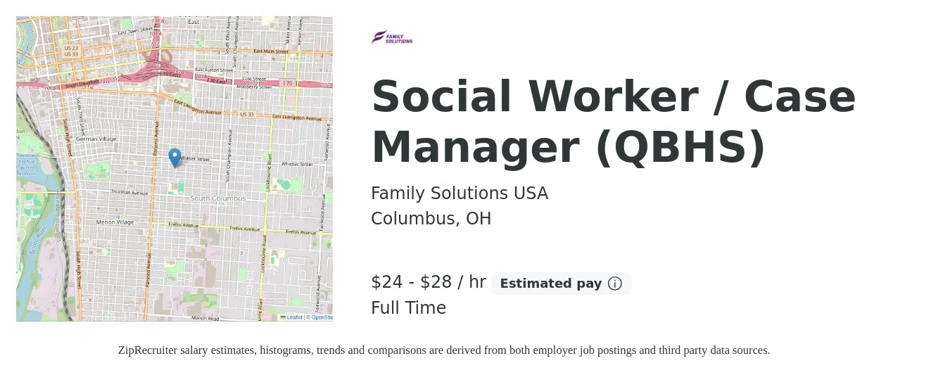 Family Solutions USA job posting for a Social Worker / Case Manager (QBHS) in Columbus, OH with a salary of $25 to $30 Hourly with a map of Columbus location.