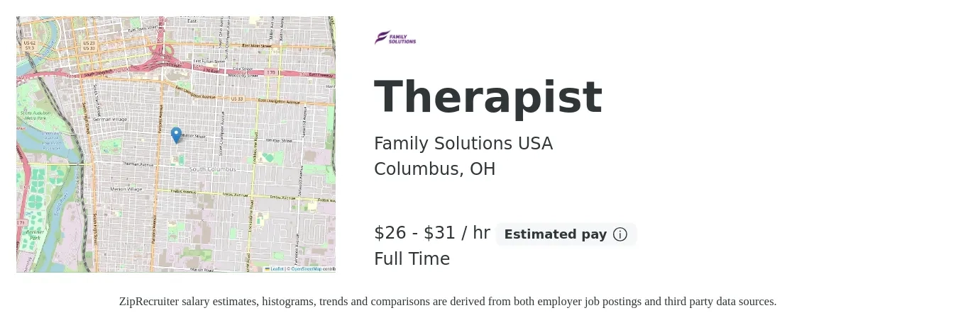 Family Solutions USA job posting for a Therapist in Columbus, OH with a salary of $28 to $33 Hourly with a map of Columbus location.