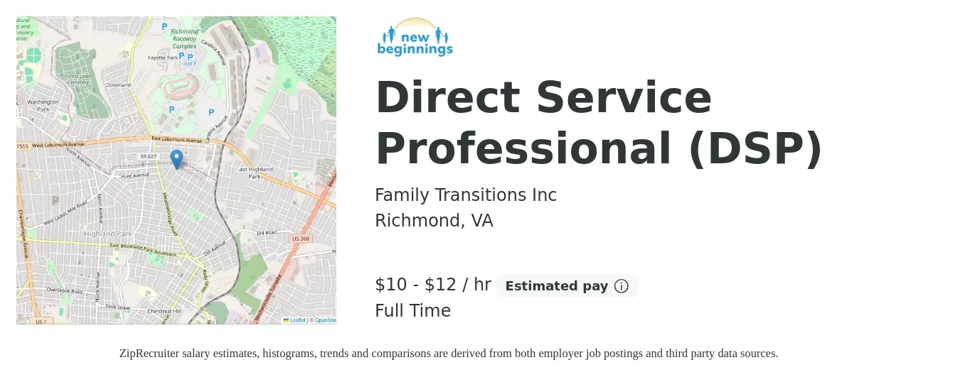 Family Transitions Inc job posting for a Direct Service Professional (DSP) in Richmond, VA with a salary of $11 to $13 Hourly with a map of Richmond location.