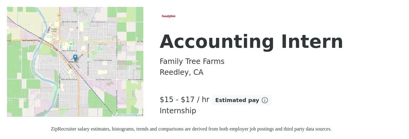 Family Tree Farms job posting for a Accounting Intern in Reedley, CA with a salary of $17 Hourly with a map of Reedley location.