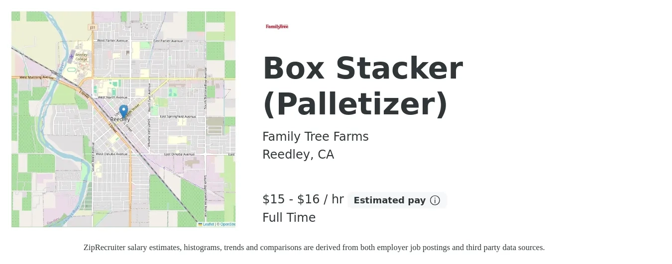 Family Tree Farms job posting for a Box Stacker (Palletizer) in Reedley, CA with a salary of $16 to $17 Hourly with a map of Reedley location.