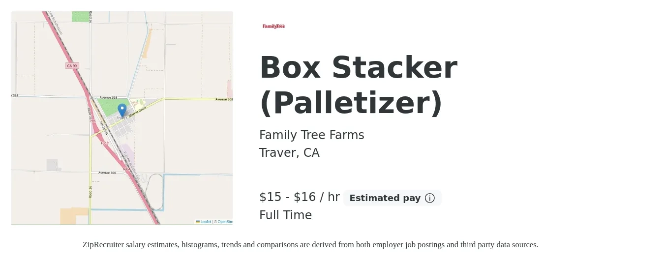 Family Tree Farms job posting for a Box Stacker (Palletizer) in Traver, CA with a salary of $16 to $17 Hourly with a map of Traver location.