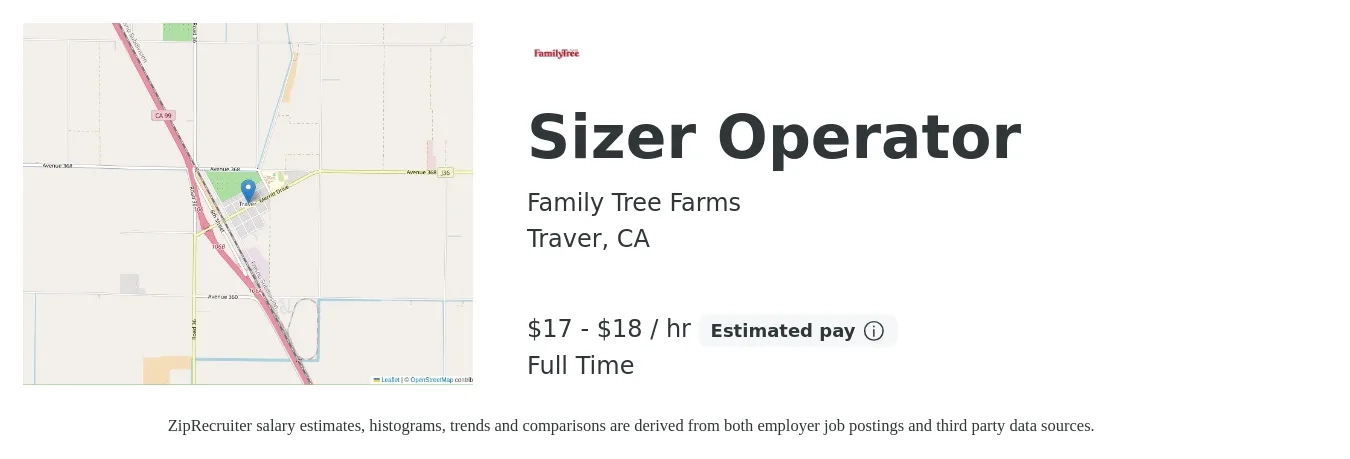 Family Tree Farms job posting for a Sizer Operator in Traver, CA with a salary of $18 to $20 Hourly with a map of Traver location.