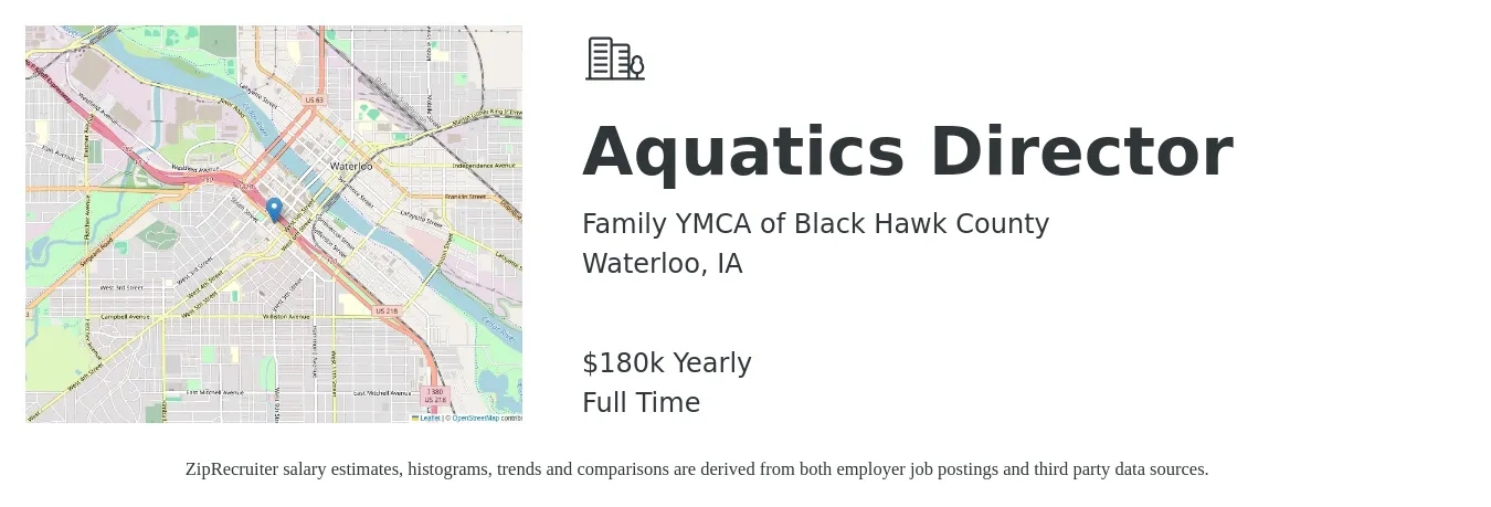 Family YMCA of Black Hawk County job posting for a Aquatics Director in Waterloo, IA with a salary of $180,000 Yearly with a map of Waterloo location.