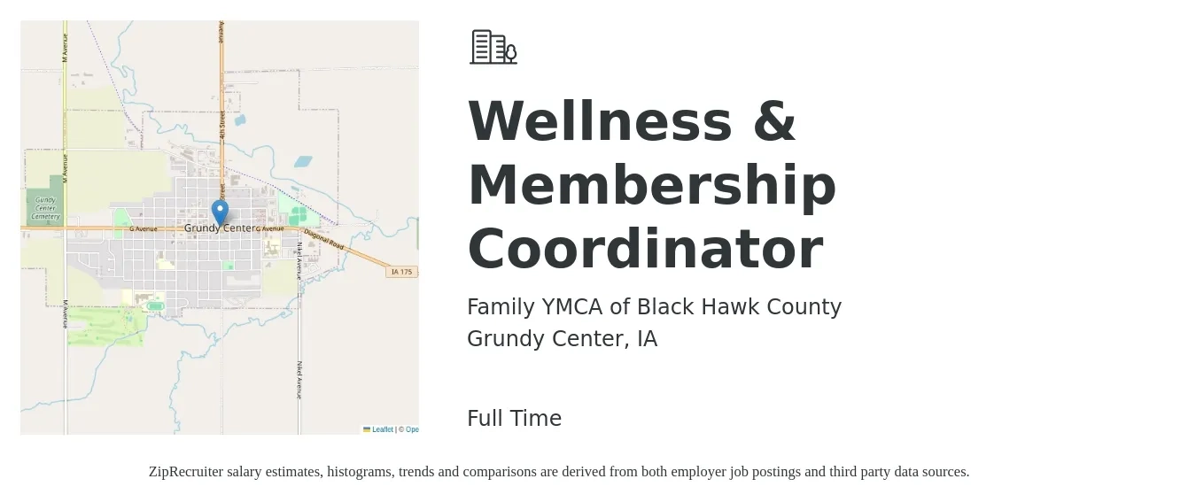 Family YMCA of Black Hawk County job posting for a Wellness & Membership Coordinator in Grundy Center, IA with a salary of $18 to $28 Hourly with a map of Grundy Center location.