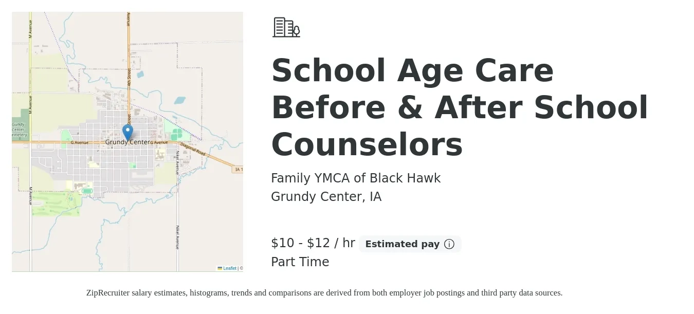 Family YMCA of Black Hawk job posting for a School Age Care Before & After School Counselors in Grundy Center, IA with a salary of $11 to $13 Hourly with a map of Grundy Center location.