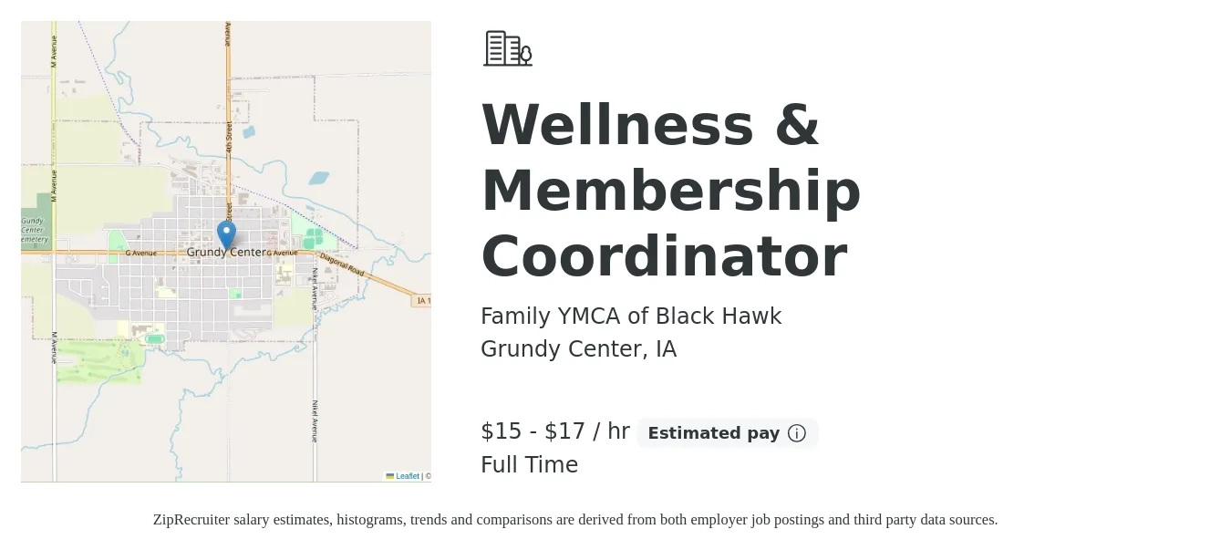 Family YMCA of Black Hawk job posting for a Wellness & Membership Coordinator in Grundy Center, IA with a salary of $16 to $18 Hourly with a map of Grundy Center location.