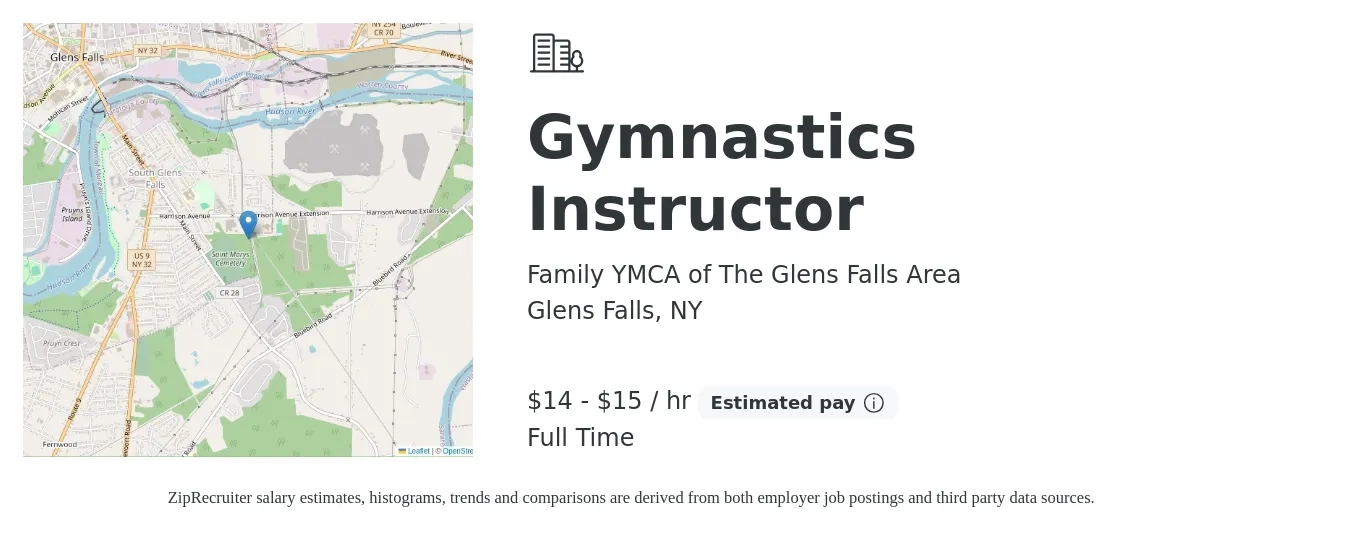 Family YMCA of The Glens Falls Area job posting for a Gymnastics Instructor in Glens Falls, NY with a salary of $15 to $16 Hourly with a map of Glens Falls location.