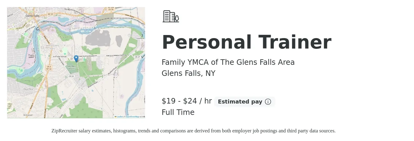 Family YMCA of The Glens Falls Area job posting for a Personal Trainer in Glens Falls, NY with a salary of $20 to $25 Hourly with a map of Glens Falls location.