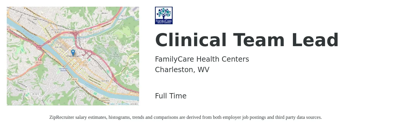 FamilyCare Health Centers job posting for a Clinical Team Lead in Charleston, WV with a salary of $58,300 to $87,500 Yearly with a map of Charleston location.