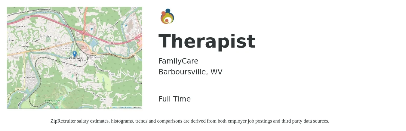FamilyCare job posting for a Therapist in Barboursville, WV with a salary of $40,700 to $56,400 Yearly with a map of Barboursville location.