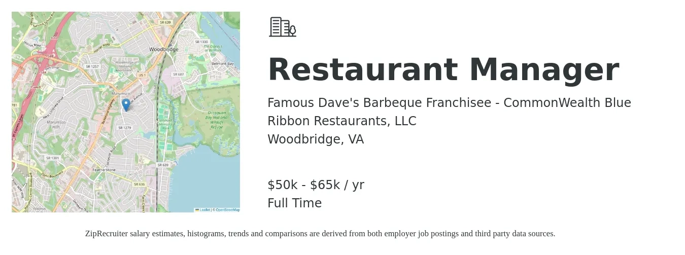 Famous Dave's Barbeque Franchisee - CommonWealth Blue Ribbon Restaurants, LLC job posting for a Restaurant Manager in Woodbridge, VA with a salary of $50,000 to $65,000 Yearly with a map of Woodbridge location.