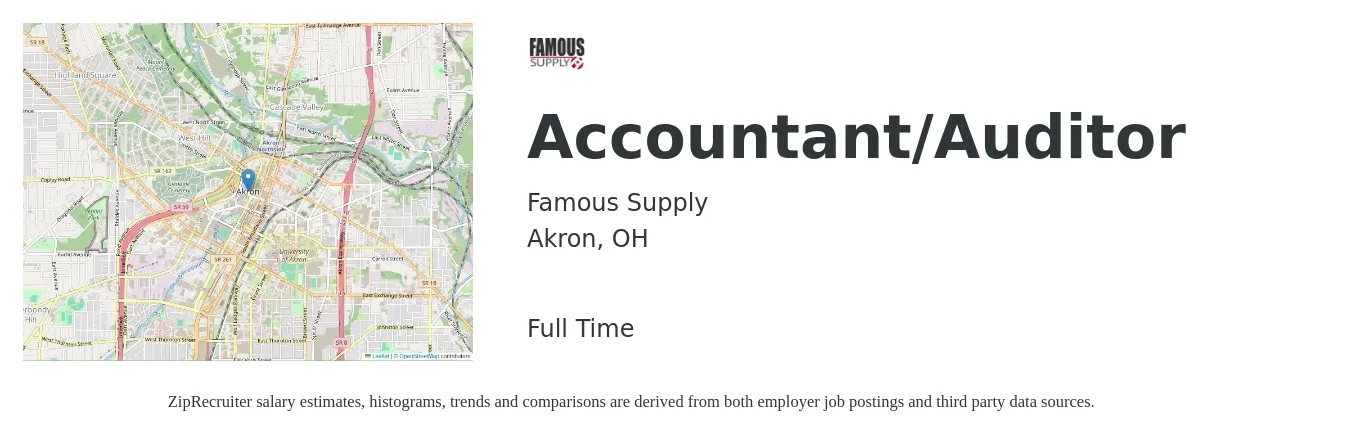 Famous Supply job posting for a Accountant/Auditor in Akron, OH with a salary of $55,000 to $79,500 Yearly with a map of Akron location.