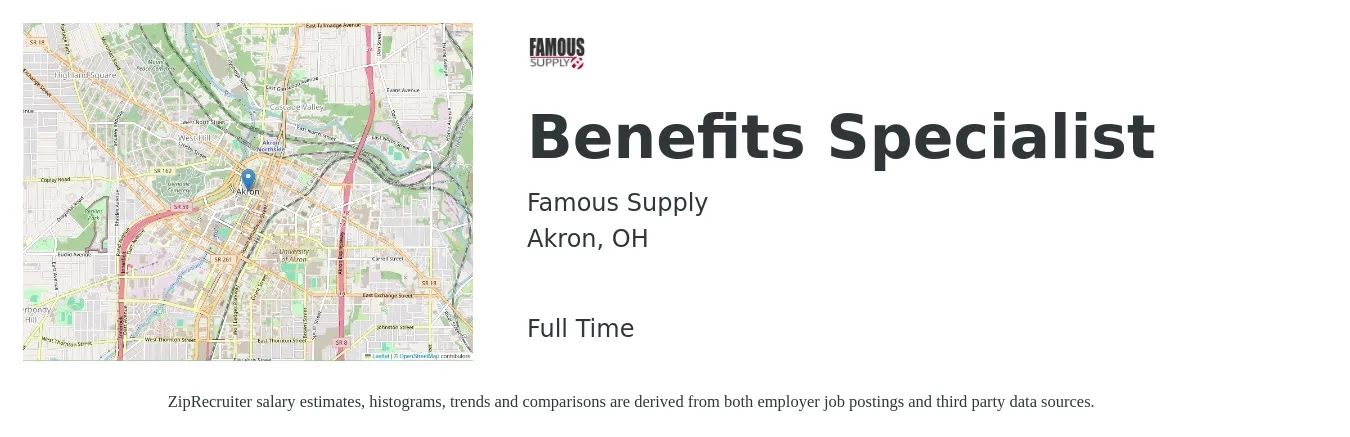 Famous Supply job posting for a Benefits Specialist in Akron, OH with a salary of $39,300 to $59,200 Yearly with a map of Akron location.
