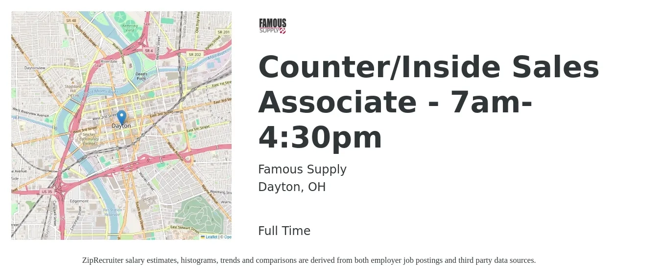Famous Supply job posting for a Counter/Inside Sales Associate - 7am-4:30pm in Dayton, OH with a salary of $18 to $27 Hourly with a map of Dayton location.