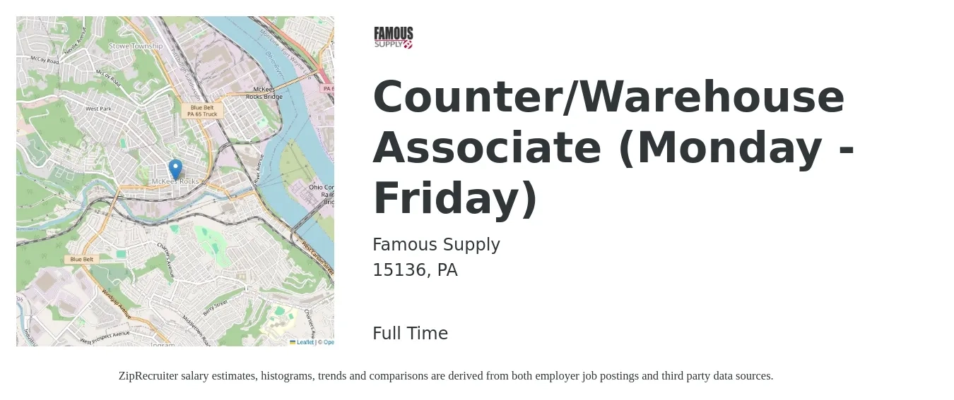 Famous Supply job posting for a Counter/Warehouse Associate (Monday - Friday) in 15136, PA with a salary of $15 to $18 Hourly with a map of 15136 location.