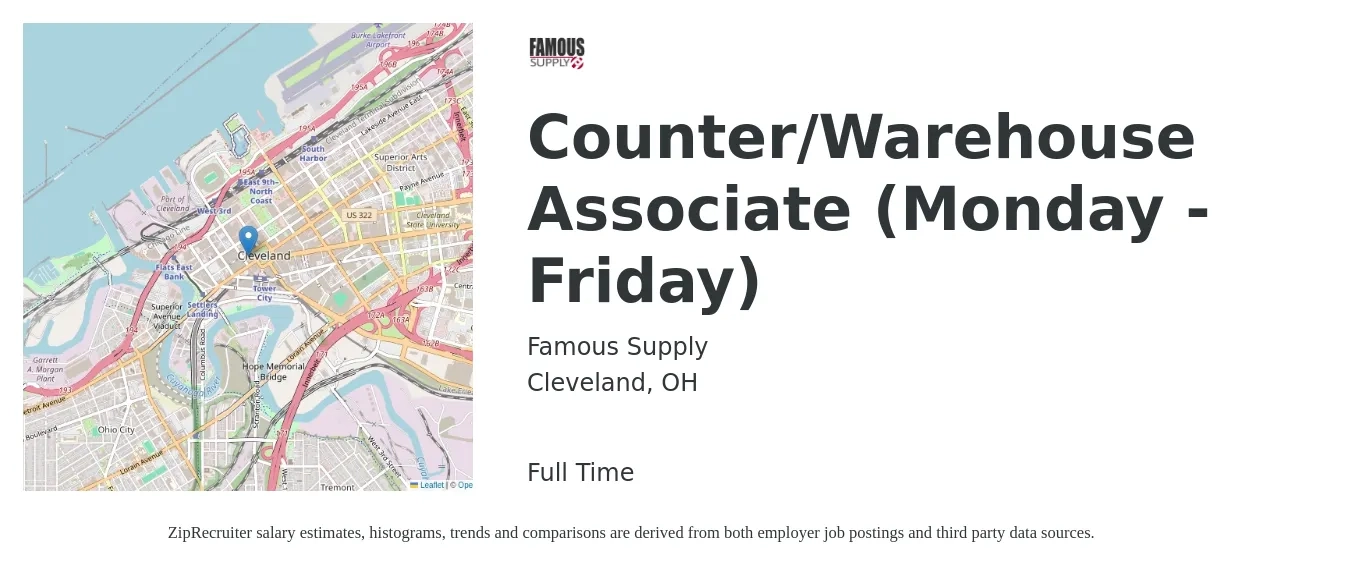 Famous Supply job posting for a Counter/Warehouse Associate (Monday - Friday) in Cleveland, OH with a salary of $16 to $18 Hourly with a map of Cleveland location.