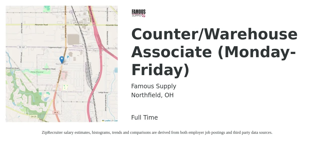 Famous Supply job posting for a Counter/Warehouse Associate (Monday-Friday) in Northfield, OH with a salary of $14 to $17 Hourly with a map of Northfield location.