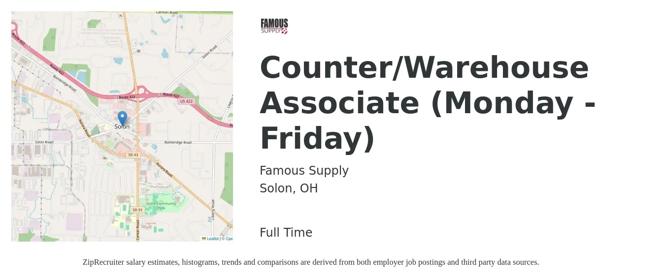 Famous Supply job posting for a Counter/Warehouse Associate (Monday - Friday) in Solon, OH with a salary of $15 to $18 Hourly with a map of Solon location.