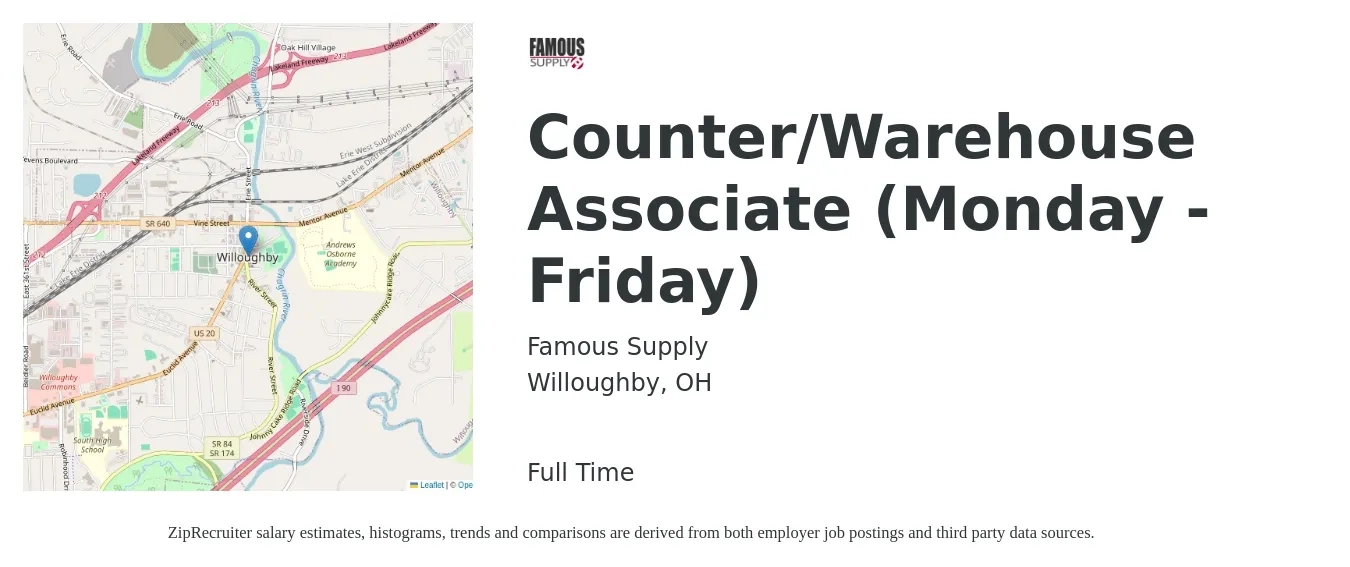 Famous Supply job posting for a Counter/Warehouse Associate (Monday - Friday) in Willoughby, OH with a salary of $15 to $18 Hourly with a map of Willoughby location.