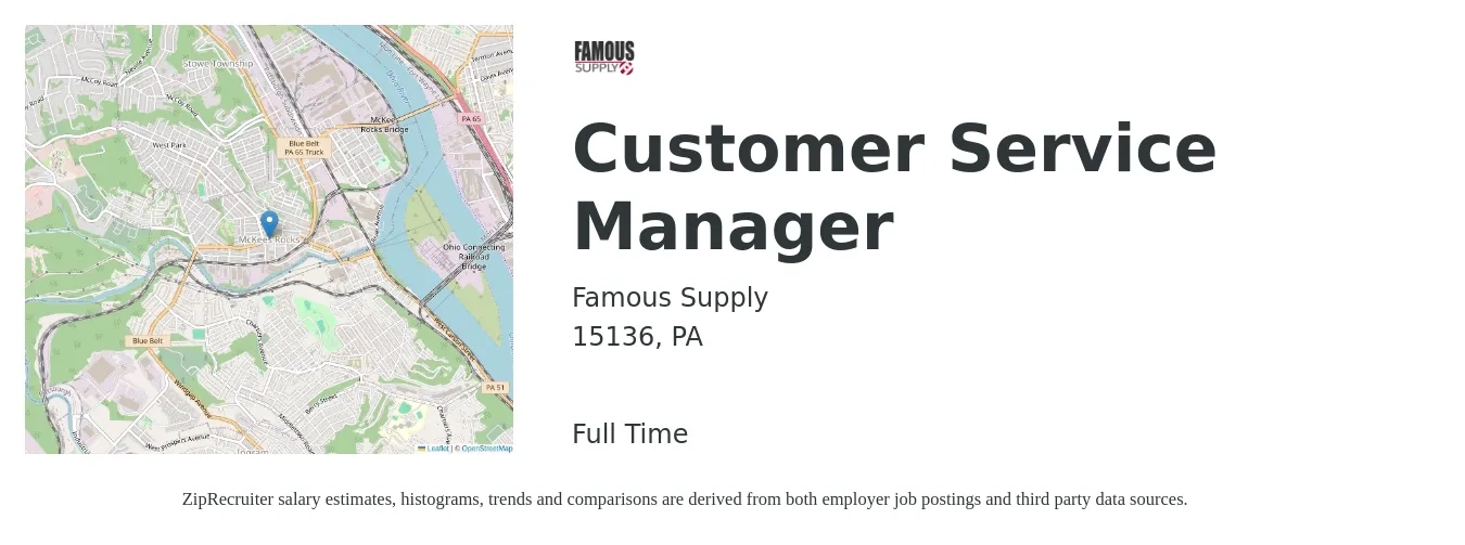 Famous Supply job posting for a Customer Service Manager in 15136, PA with a salary of $38,500 to $65,800 Yearly with a map of 15136 location.