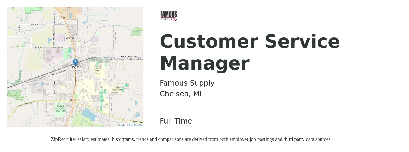 Famous Supply job posting for a Customer Service Manager in Chelsea, MI with a salary of $38,900 to $66,300 Yearly with a map of Chelsea location.