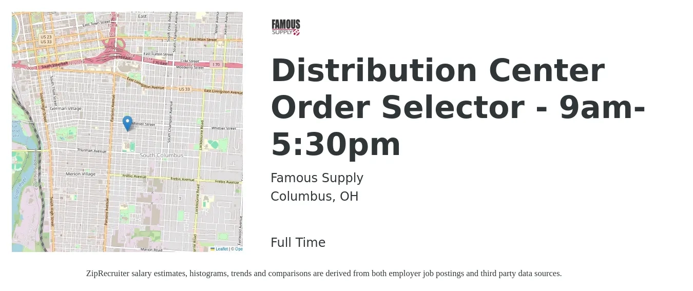 Famous Supply job posting for a Distribution Center Order Selector - 9am-5:30pm in Columbus, OH with a salary of $18 Hourly with a map of Columbus location.