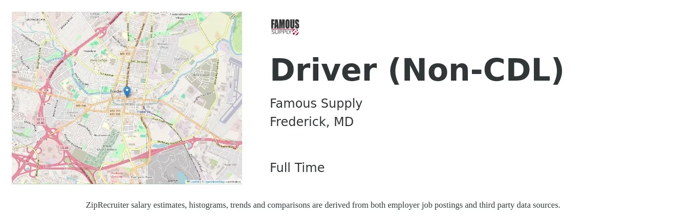 Famous Supply job posting for a Driver (Non-CDL) in Frederick, MD with a salary of $23 to $40 Hourly with a map of Frederick location.