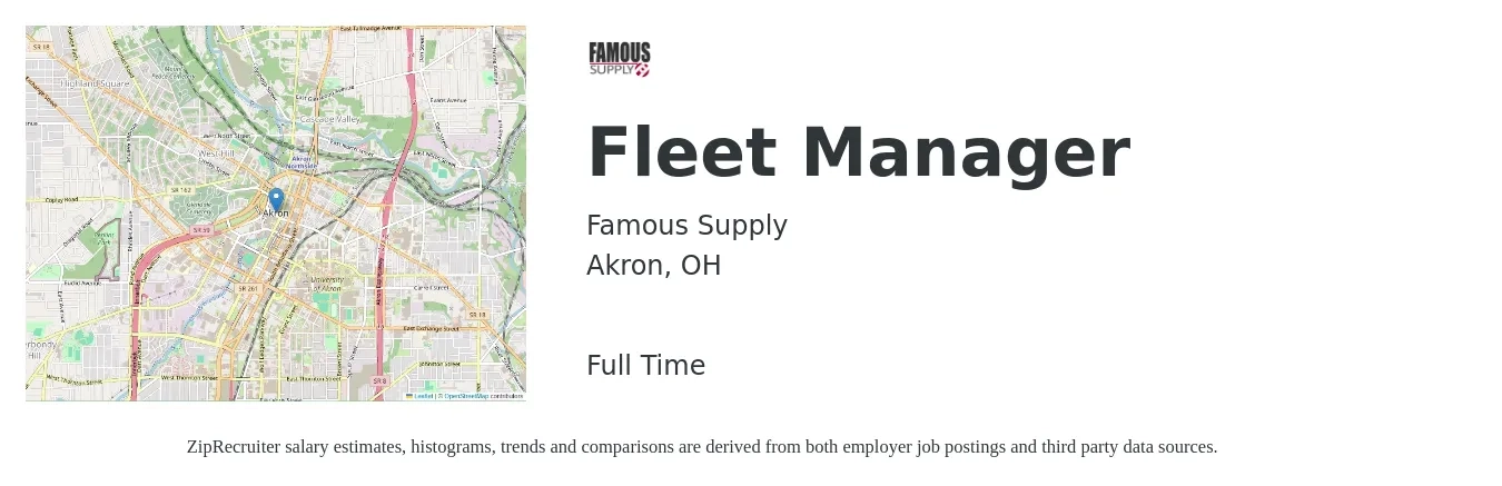 Famous Supply job posting for a Fleet Manager in Akron, OH with a salary of $49,500 to $84,100 Yearly with a map of Akron location.