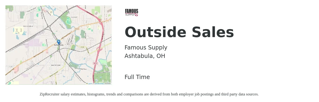 Famous Supply job posting for a Outside Sales in Ashtabula, OH with a salary of $47,800 to $82,000 Yearly with a map of Ashtabula location.