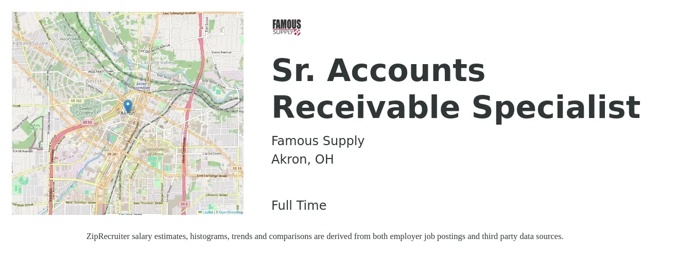 Famous Supply job posting for a Sr. Accounts Receivable Specialist in Akron, OH with a salary of $19 to $25 Hourly with a map of Akron location.