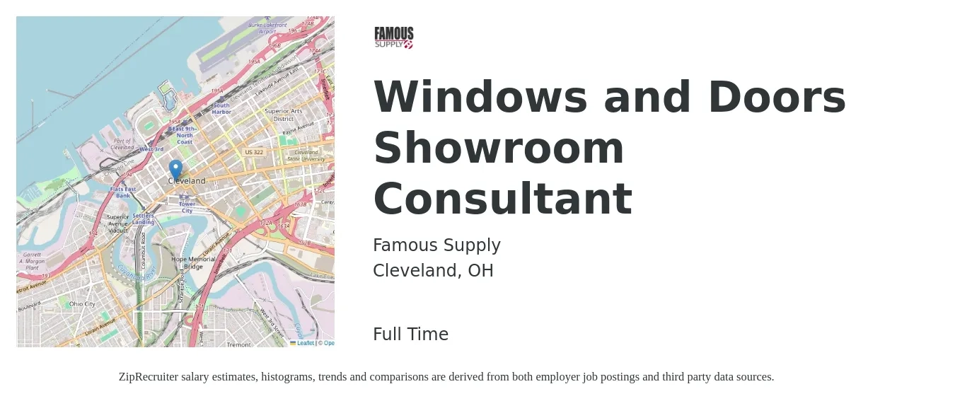 Famous Supply job posting for a Windows and Doors Showroom Consultant in Cleveland, OH with a salary of $14 to $21 Hourly with a map of Cleveland location.
