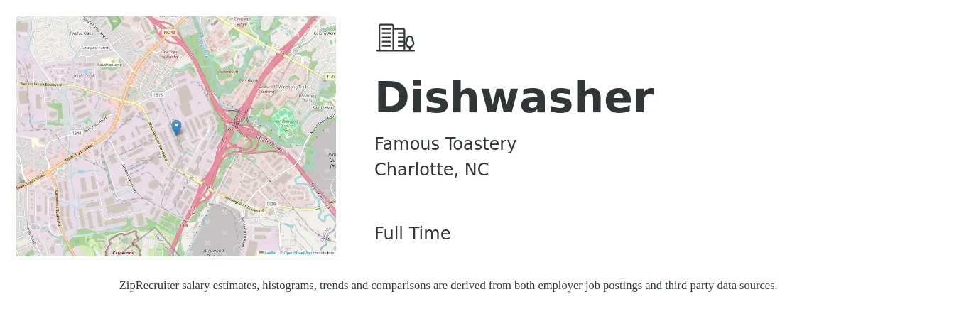 Famous Toastery job posting for a Dishwasher in Charlotte, NC with a salary of $13 to $16 Hourly with a map of Charlotte location.