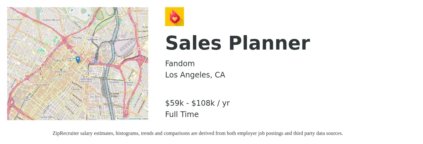 Fandom job posting for a Sales Planner in Los Angeles, CA with a salary of $59,000 to $108,000 Yearly with a map of Los Angeles location.
