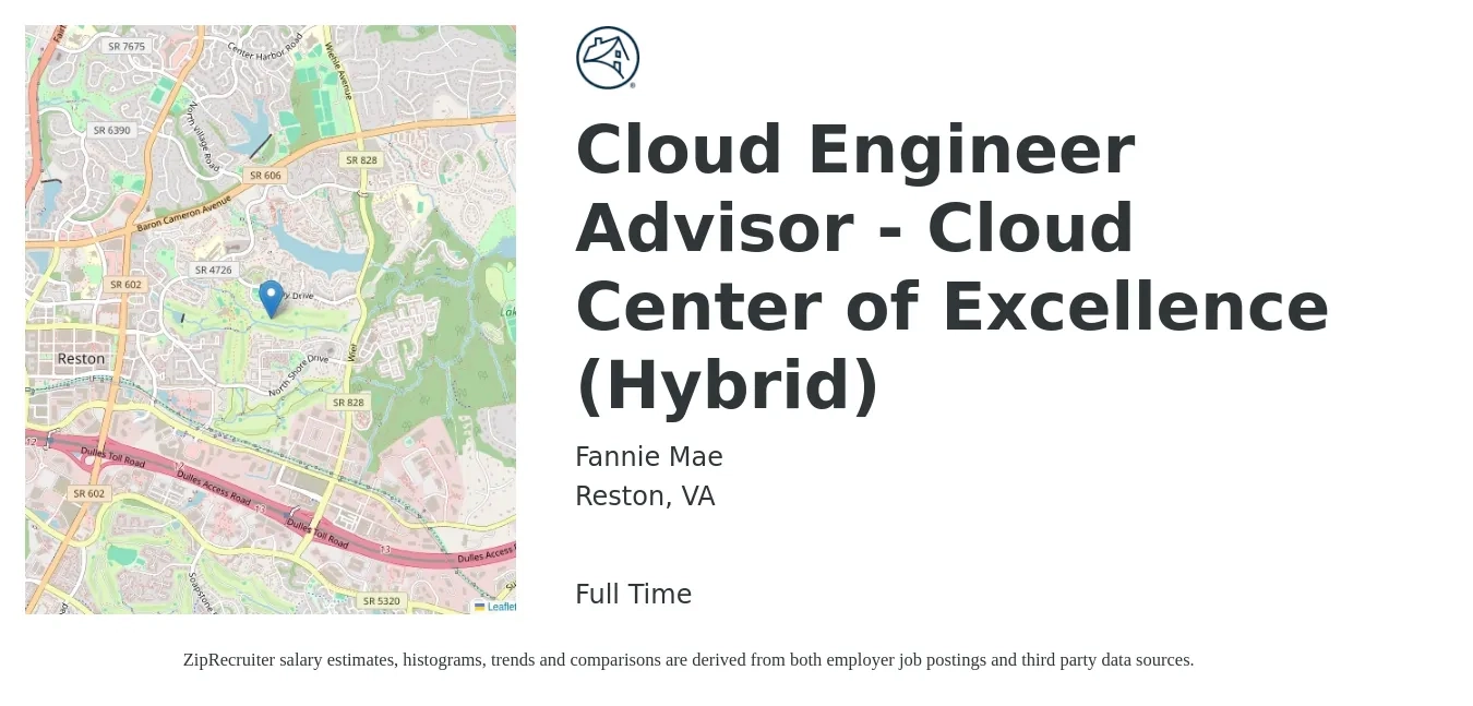 Fannie Mae job posting for a Cloud Engineer Advisor - Cloud Center of Excellence (Hybrid) in Reston, VA with a salary of $58 to $78 Hourly with a map of Reston location.