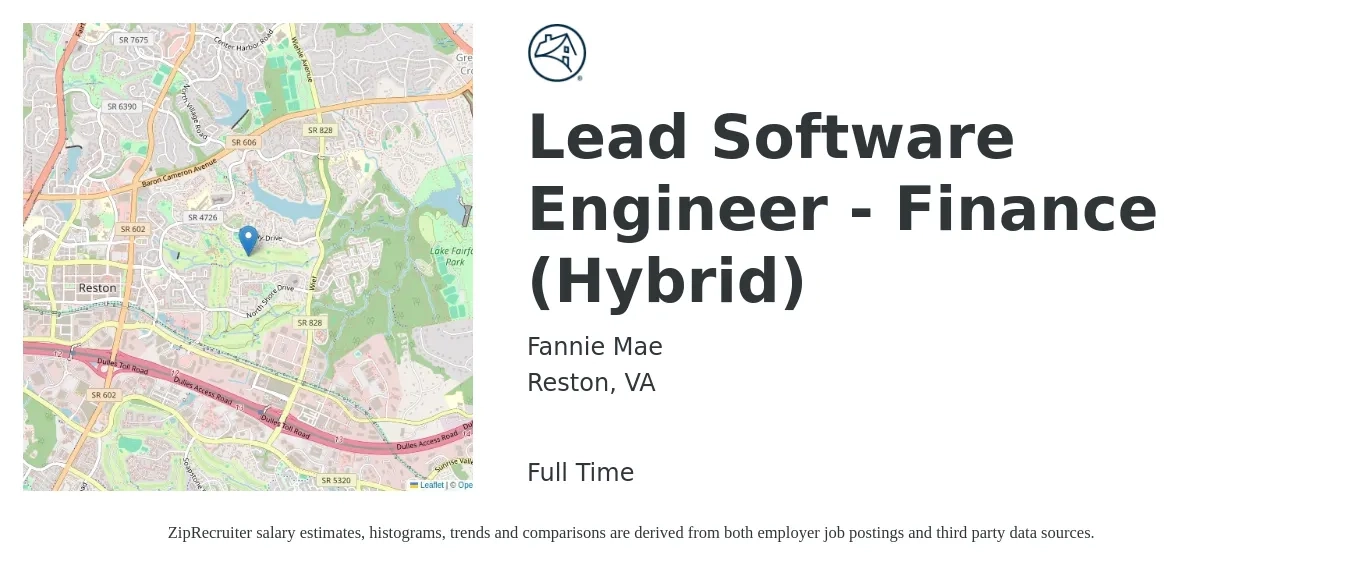 Fannie Mae job posting for a Lead Software Engineer - Finance (Hybrid) in Reston, VA with a salary of $125,900 to $175,300 Yearly with a map of Reston location.