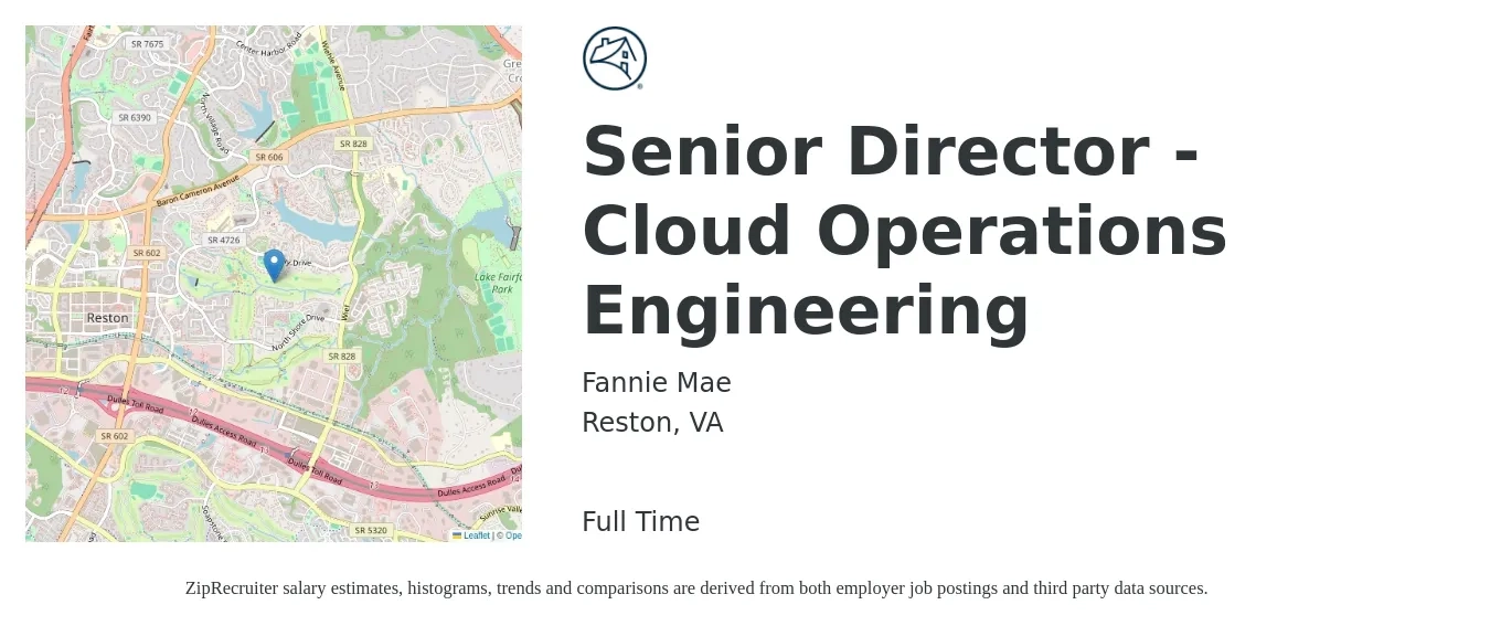 Fannie Mae job posting for a Senior Director - Cloud Operations Engineering in Reston, VA with a salary of $108,700 to $153,500 Yearly with a map of Reston location.