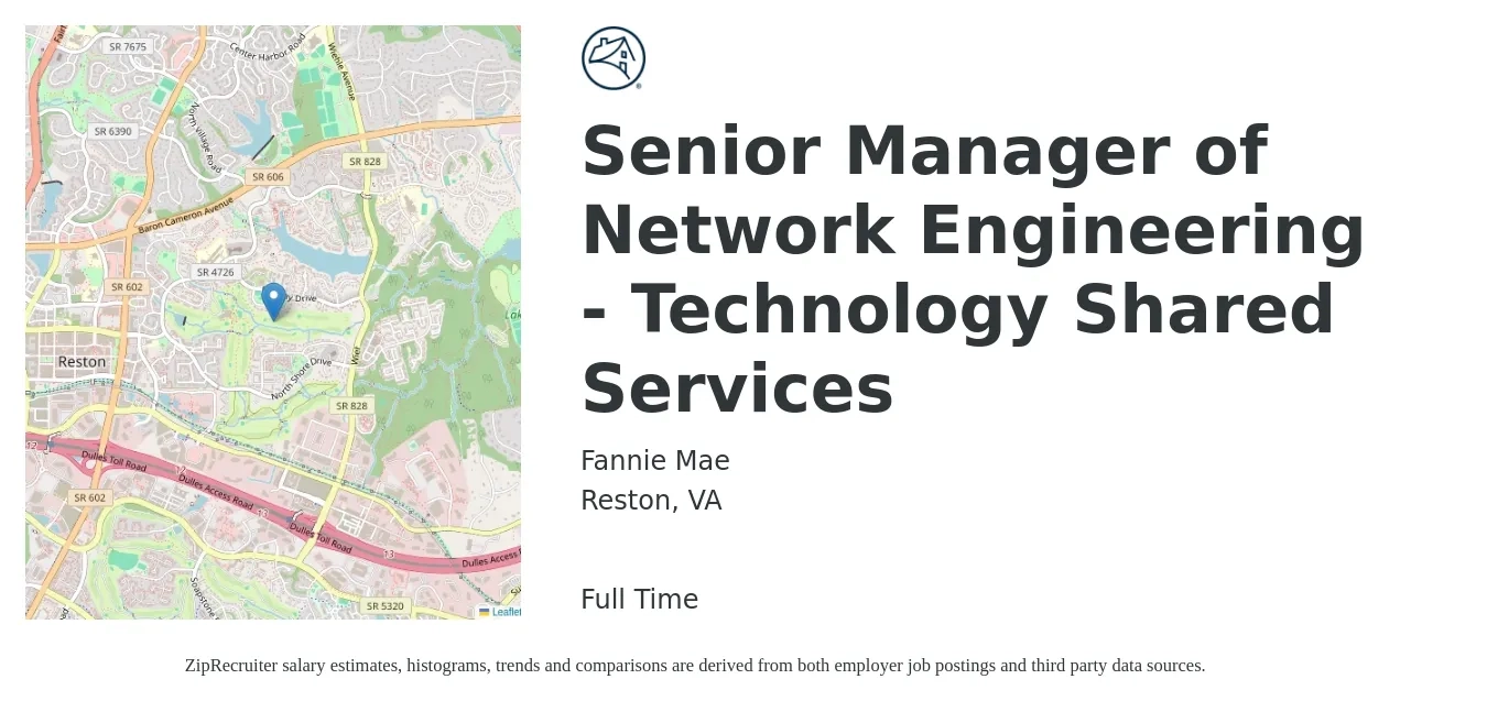 Fannie Mae job posting for a Senior Manager of Network Engineering - Technology Shared Services in Reston, VA with a salary of $118,100 to $162,800 Yearly with a map of Reston location.