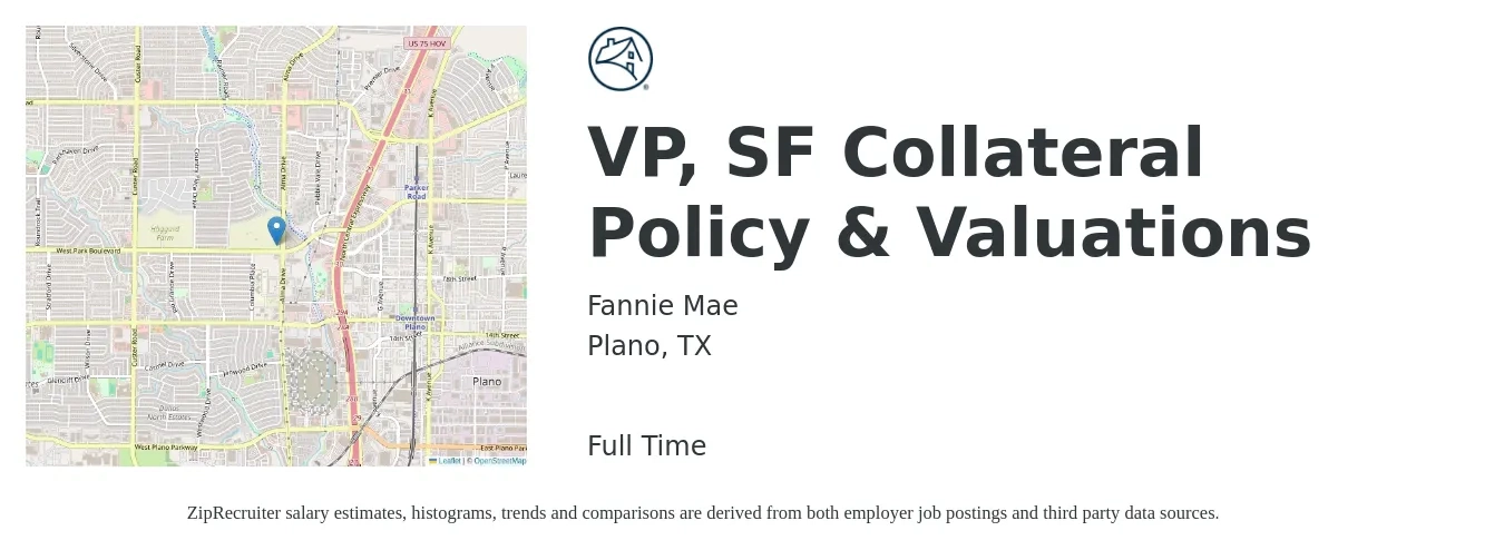 Fannie Mae job posting for a VP, SF Collateral Policy & Valuations in Plano, TX with a salary of $86,100 to $94,300 Yearly with a map of Plano location.