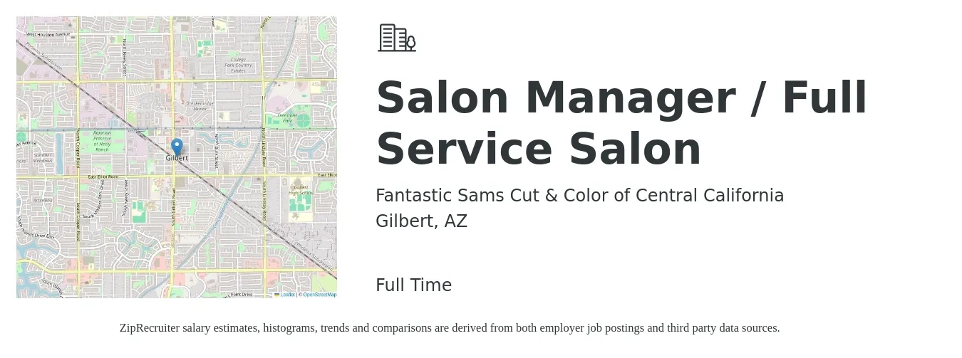 Fantastic Sams Cut & Color of Central California job posting for a Salon Manager / Full Service Salon in Gilbert, AZ with a salary of $16 to $24 Hourly with a map of Gilbert location.
