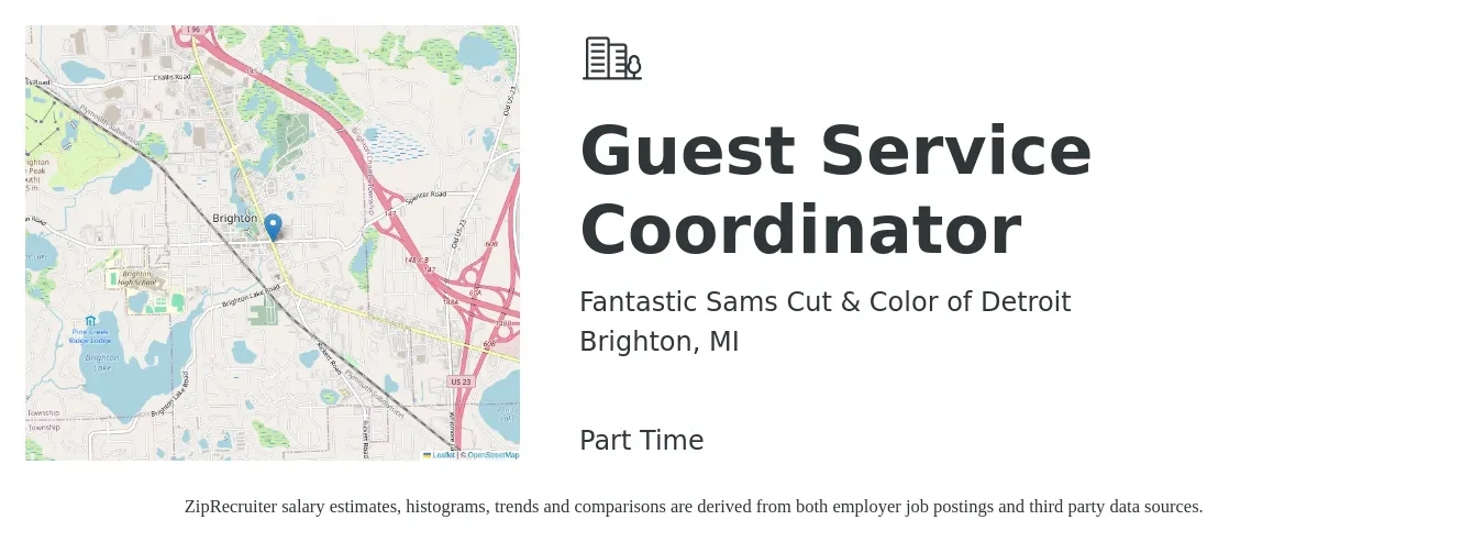 Fantastic Sams Cut & Color of Detroit job posting for a Guest Service Coordinator in Brighton, MI with a salary of $16 to $21 Hourly with a map of Brighton location.